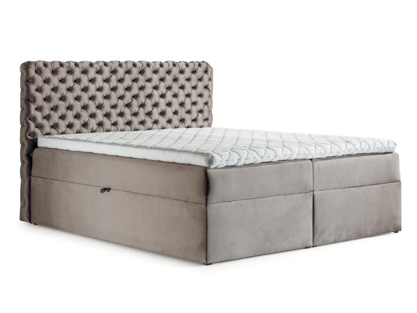 Beżowe łóżko z klasycznym zagłówkiem i pojemnikiem