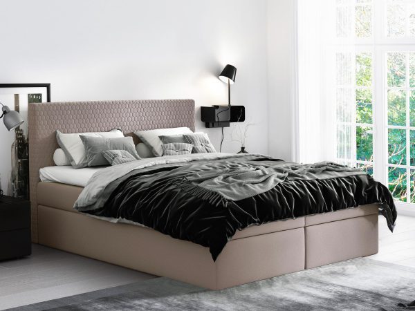 Taupe łóżko tapicerowane z niskim zagłówkiem w stylu minimalistycznym