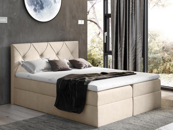 Beżowe łóżko z geometrycznym zagłówkiem w przytulnej sypialni w stylu scandi