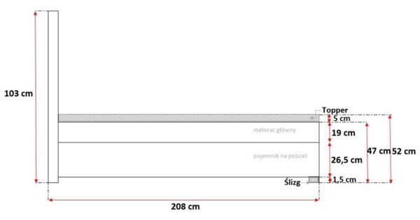 Widok boczny łóżka z materacem i pojemnikiem, długość 208 cm
