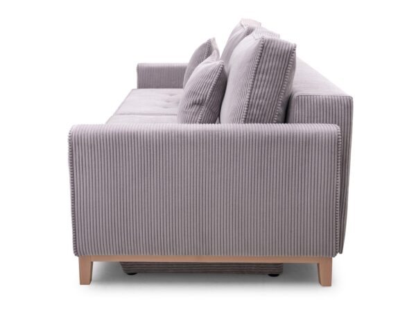 Sofa sztruksowa widok z boku, tapicerowana jasnoszarą tkaniną