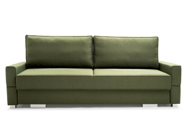 Sofa tapicerowana w kolorze zielonym z prostą linią i funkcją spania