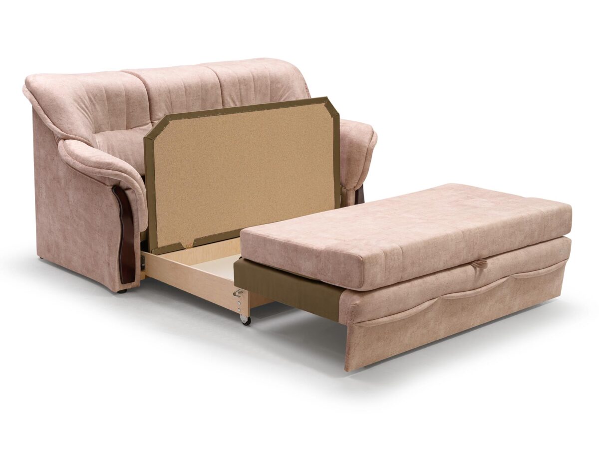 Sofa rozkładana beżowa z pojemnikiem i zagłówkami