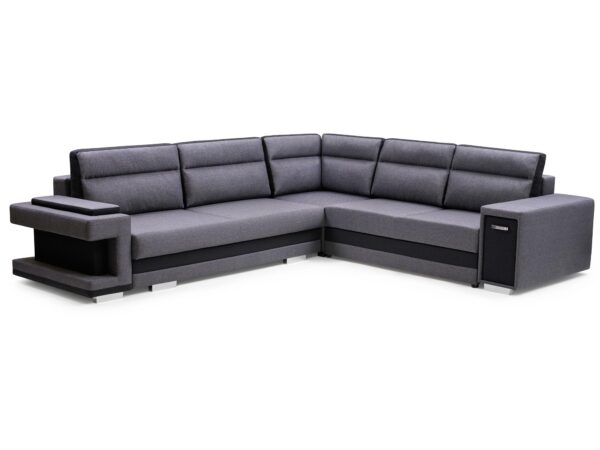 Grafitowy narożnik z szerokimi bokami i niskim oparciem, forma L