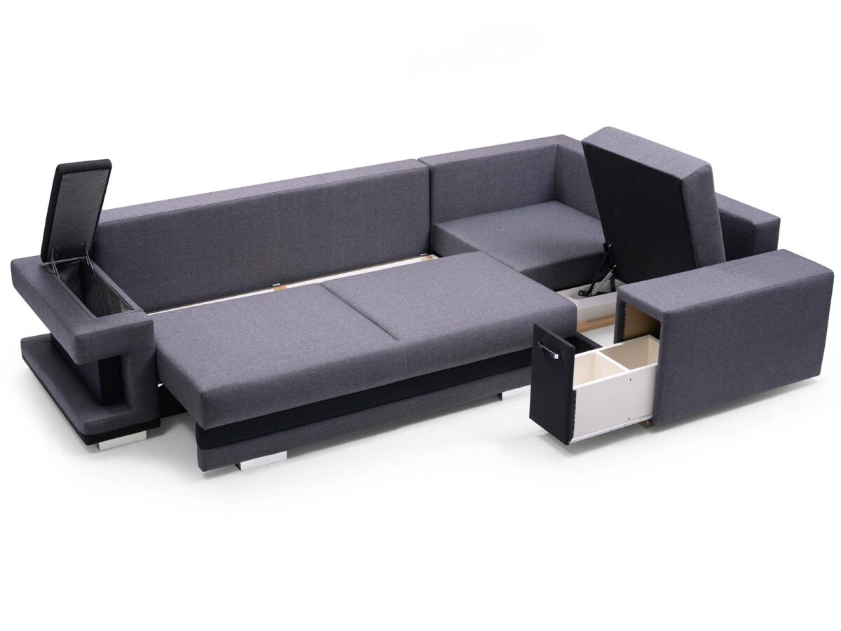 Rozkładana sofa narożna z grafitową tapicerką i pojemnikami