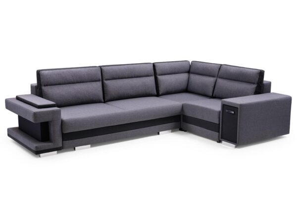 Sofa narożna ciemnoszara z ukrytym pojemnikiem i eleganckim wykończeniem