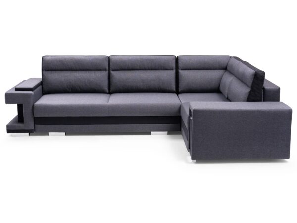 Sofa narożna ciemnoszara z ukrytym pojemnikiem i eleganckim wykończeniem