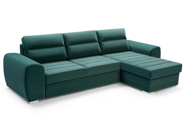 Zielony narożnik z poduszkami i miękkim oparciem do nowoczesnego salonu