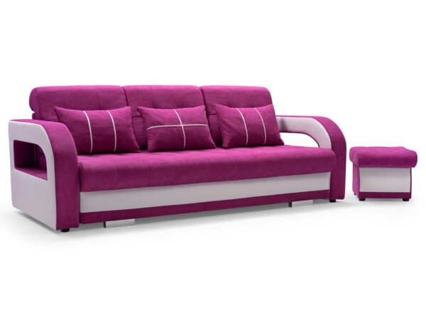 Trzyosobowa sofa w kolorze fuksji z zaokrąglonymi bokami