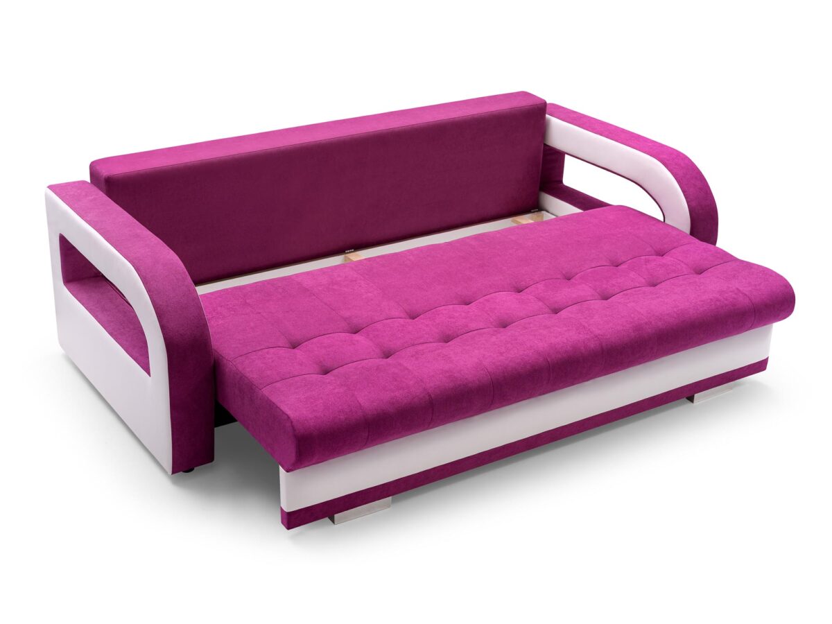 Różowa sofa z białymi bokami i funkcją rozkładania, styl młodzieżowy