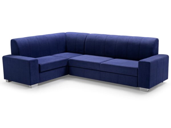 Narożnik tapicerowany granatową tkaniną z wyraźnym kątem i prostą formą