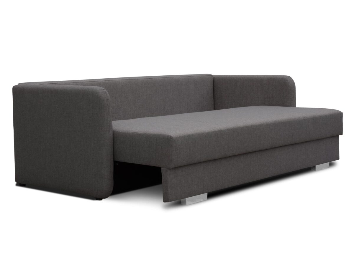 Szara sofa z funkcją spania i niskim oparciem, styl minimalistyczny