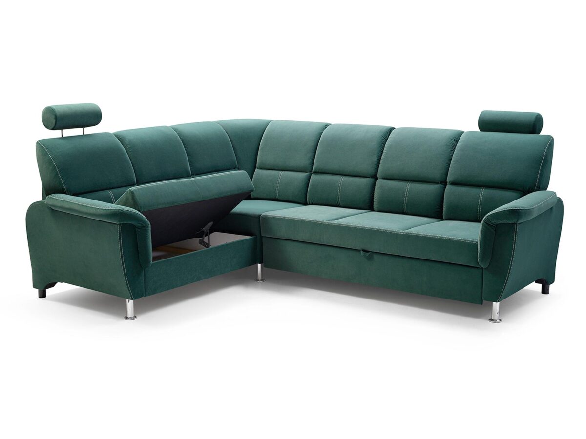 Zielona sofa narożna z funkcją spania i szerokim szezlongiem