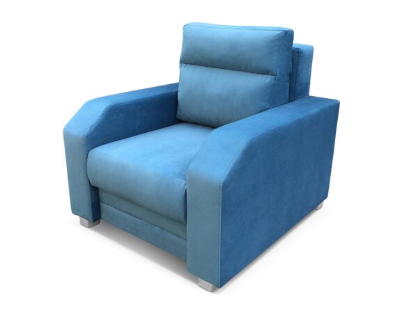 Tapicerowany fotel w kolorze niebieskim z prostymi bokami