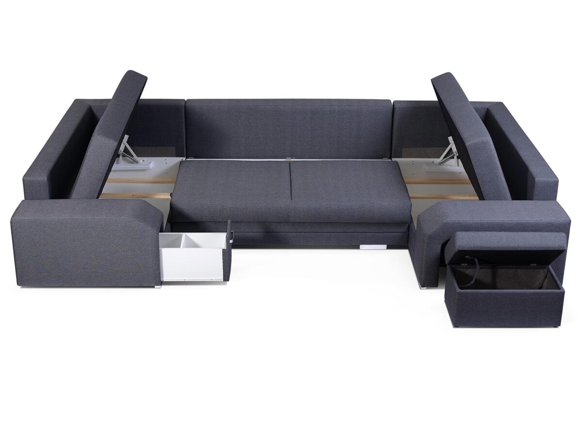 Narożnik rozłożony z pojemnikami i segmentami, funkcjonalna konstrukcja Narożnik rozłożony z pojemnikami i segmentami, funkcjonalna konstrukcja