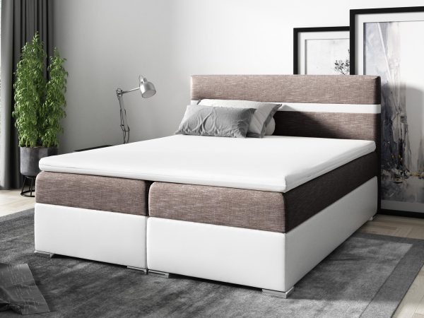 Brązowo-białe łóżko z dwukolorową tapicerką i prostym zagłówkiem