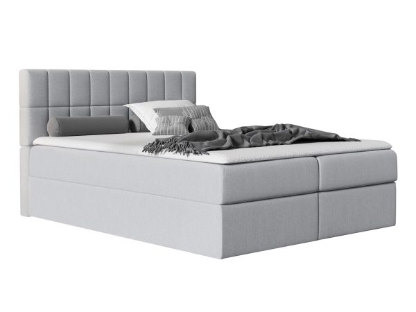 Jasnoszare łóżko tapicerowane z prostym zagłówkiem do nowoczesnej sypialni