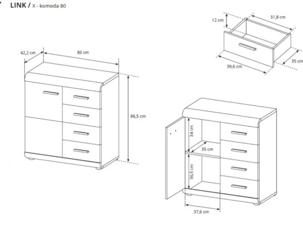 Rysunek techniczny komody z szufladami i wnęką boczną