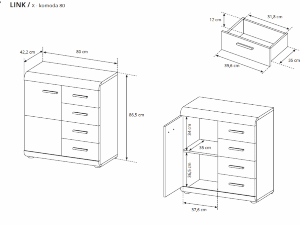 Rysunek techniczny komody z szufladami i wnęką boczną