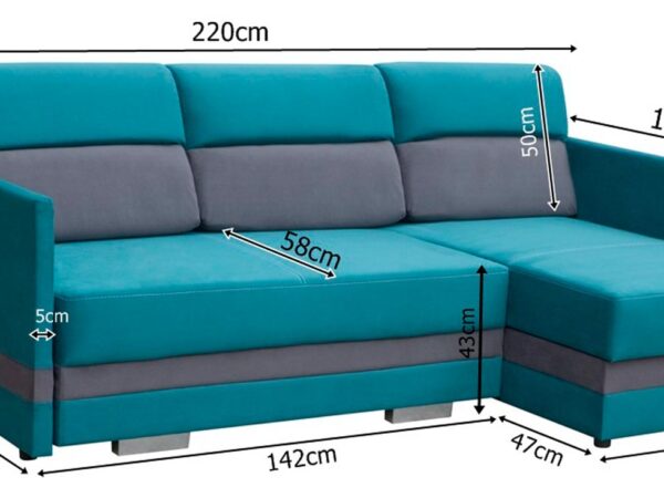 Schemat narożnika turkusowego z trzema oparciami i szerokim siedziskiem