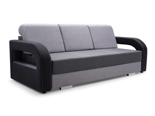 Szara sofa z prostymi poduchami i czarnymi bokami
