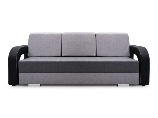 Sofa szara z czarnymi elementami, tapicerowana, styl minimalistyczny