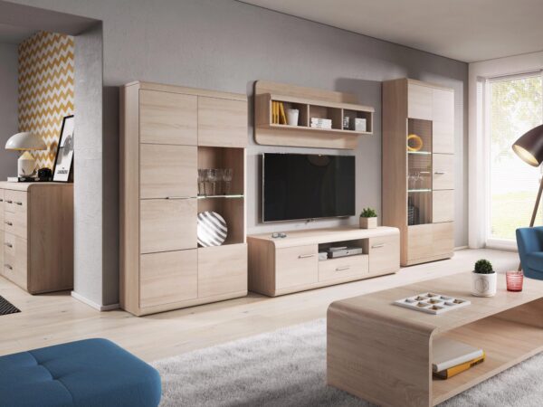 Meblościanka z otwartymi i zamkniętymi szafkami w dekorze dąb