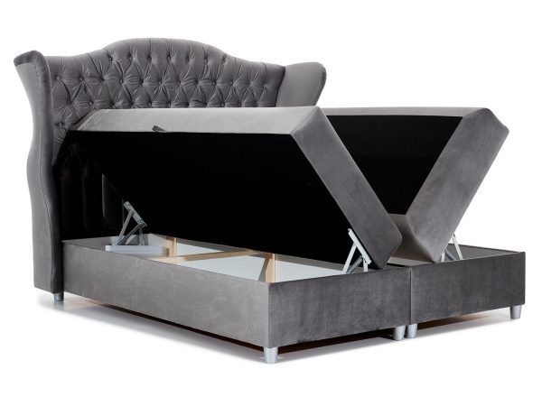 Łóżko z szarym zagłówkiem i pojemnikiem na pościel