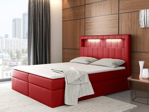 Czerwone łóżko kontynentalne z zagłówkiem LED, styl glamour