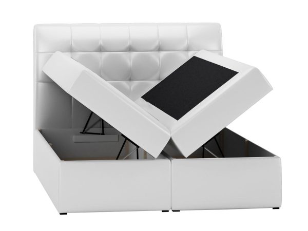 Otwarte białe łóżko tapicerowane z dużym pojemnikiem
