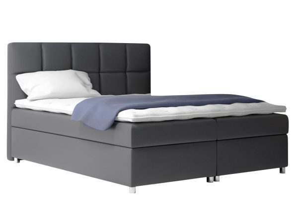 Czarne łóżko kontynentalne z zagłówkiem w kwadraty