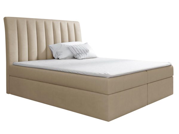 Piaskowe łóżko z pionowym przeszyciem i beżowym wykończeniem
