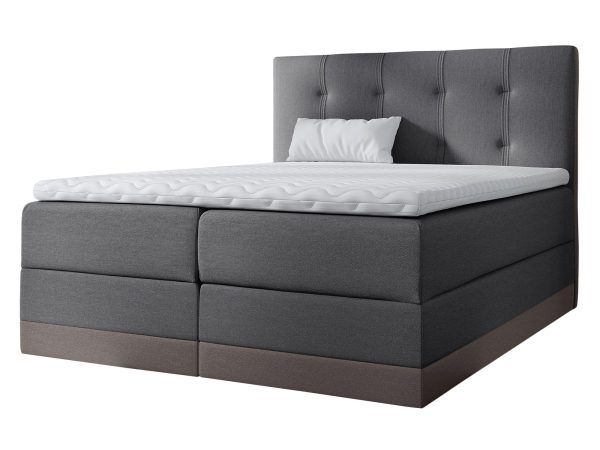 Grafitowe łóżko z tapicerowaną podstawą i kontrastową ramą