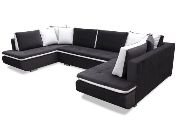 Sofa narożna czarna z białymi bokami i poduszkami, forma litery U