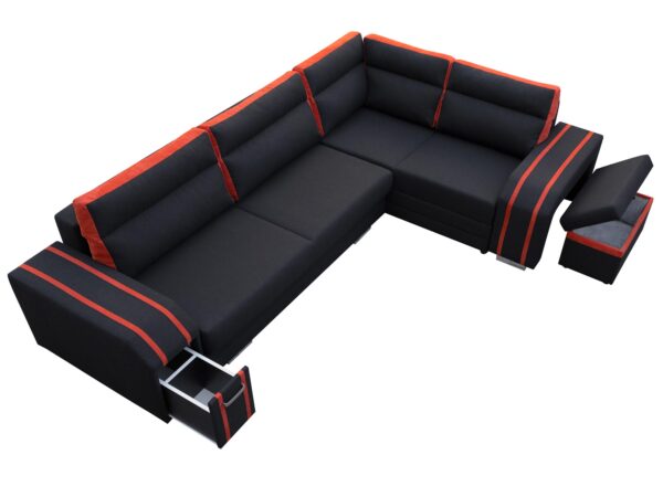 Czarno-czerwony narożnik z otwartym barkiem i minimalistyczną formą