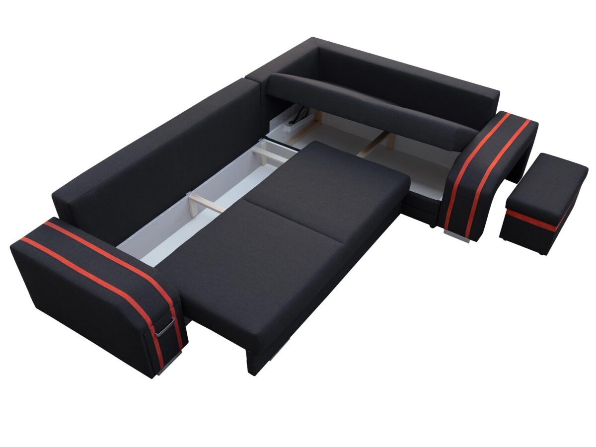 Narożnik z funkcją spania i pojemnikiem na pościel, czarny z czerwonymi przeszyciami Narożnik z funkcją spania i pojemnikiem na pościel, czarny z czerwonymi przeszyciami