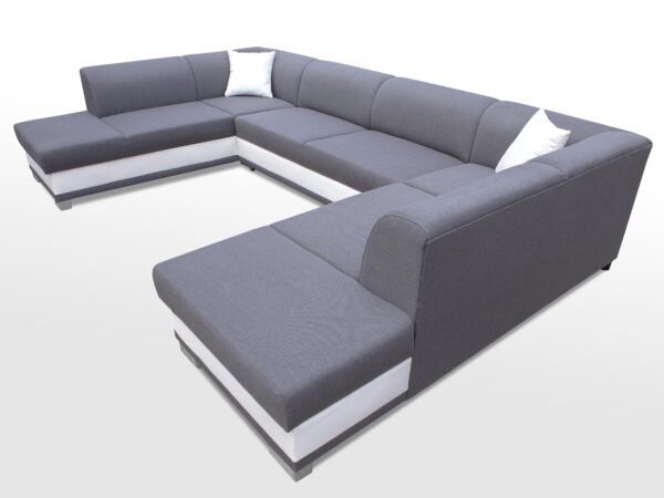 Układ narożnika modułowego w szaro-białej tapicerce, styl nowoczesny