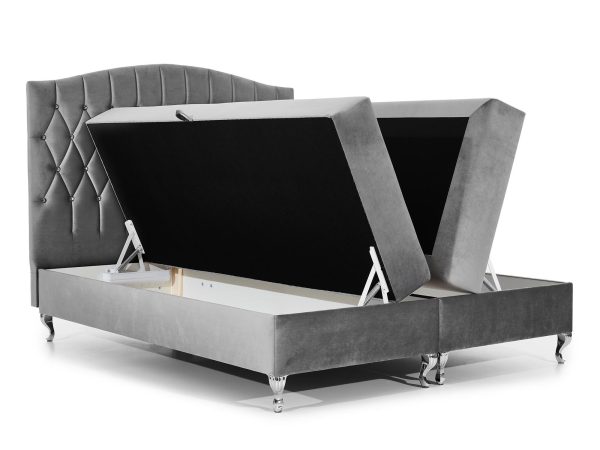 Łóżko z pojemnikiem na pościel i podnoszonym materacem w szarej tapicerce