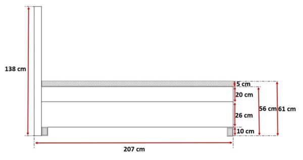 Schemat boczny łóżka z pojemnikiem, materacem i długością 207 cm Schemat boczny łóżka z pojemnikiem, materacem i długością 207 cm