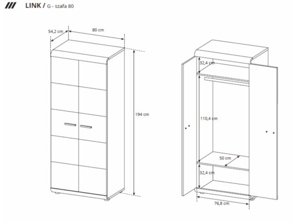 Rysunek techniczny komody z drzwiami i trzema szufladami