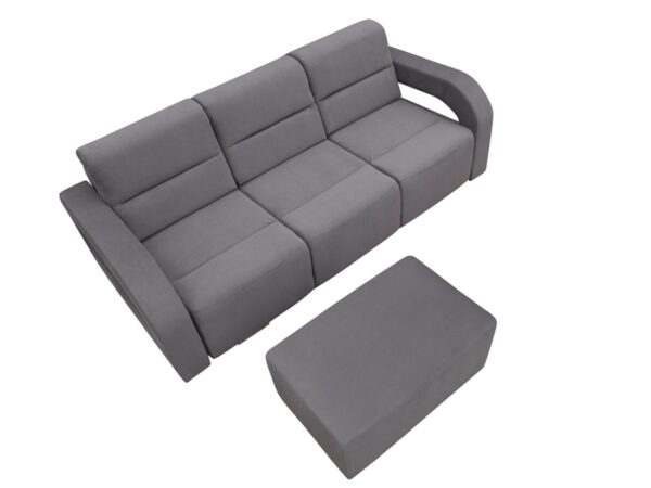 Szara sofa modułowa z zaokrąglonymi bokami i pufą