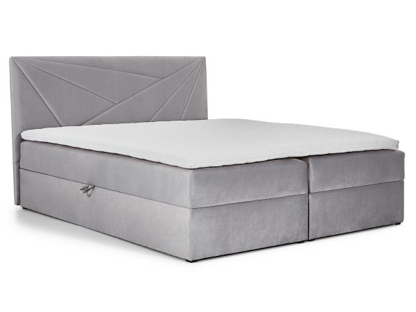 Jasnoszare łóżko kontynentalne z gładkim materacem i pojemnikiem