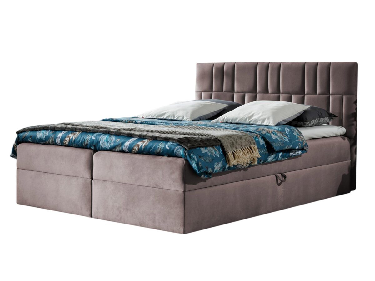 Jasnobrązowe łóżko tapicerowane z dekoracyjnym zagłówkiem i pojemnikiem