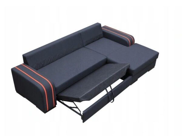 Narożnik z rozkładanym łóżkiem i czarno-czerwonym wykończeniem