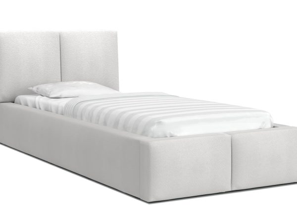 Białe łóżko jednoosobowe z prostym wezgłowiem, styl minimalistyczny