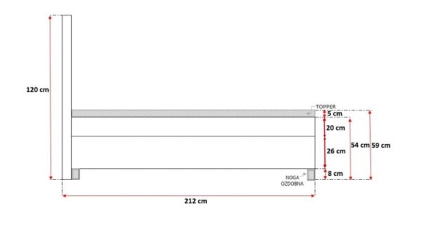 Łóżko z przekrojem materaca i wysokościami 120 i 59