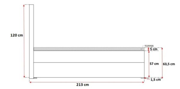 Schemat łóżka tapicerowanego o długości 213 cm