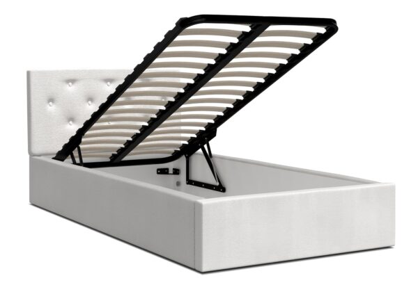 Białe łóżko z pojemnikiem na pościel, nowoczesny mechanizm Białe łóżko z pojemnikiem na pościel, nowoczesny mechanizm