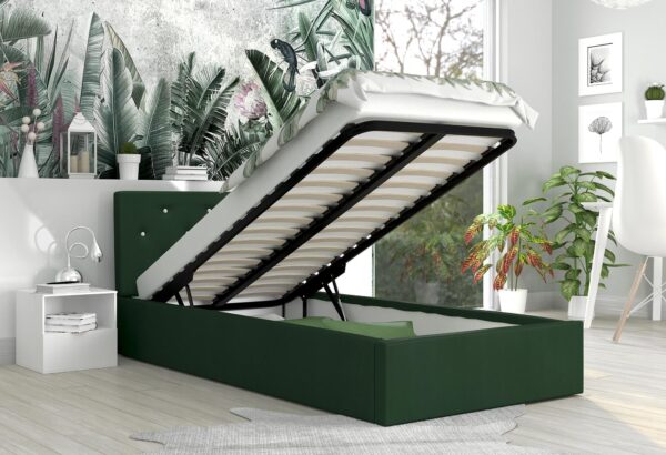 Otwarte zielone łóżko tapicerowane z pojemnikiem, styl nowoczesny Otwarte zielone łóżko tapicerowane z pojemnikiem, styl nowoczesny