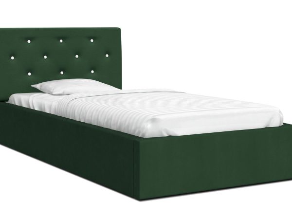 Zielone łóżko jednoosobowe tapicerowane z ozdobnym wezgłowiem
